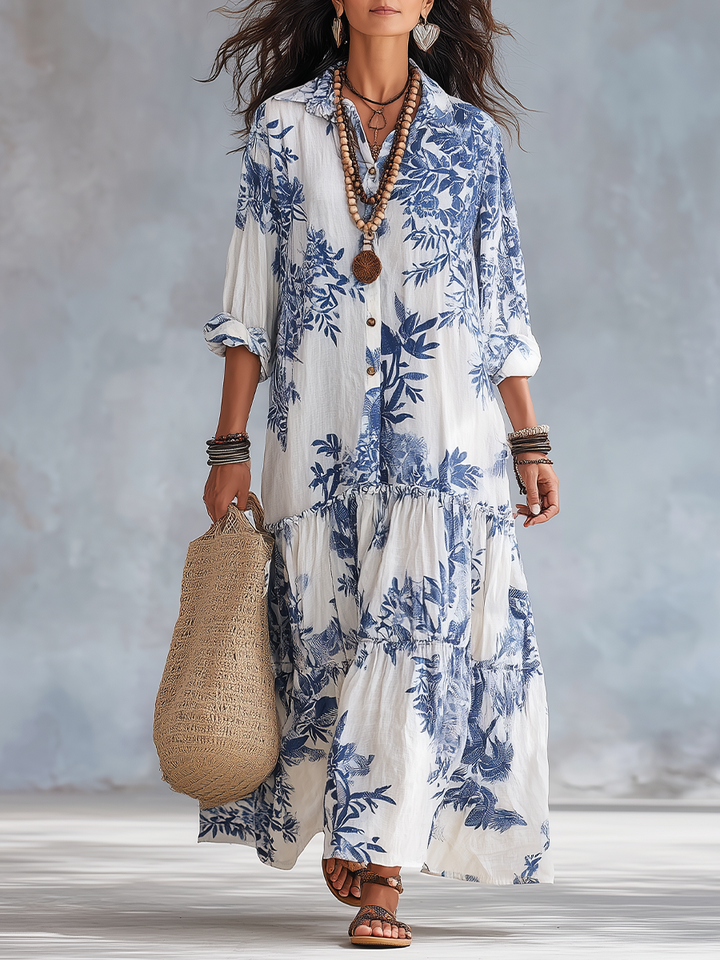 Abito Maxi Button-down Blu Floreale Bohemien