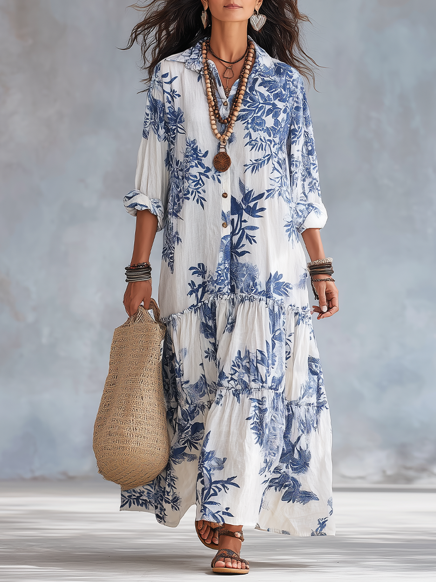 Liliana | Vestito lungo a fiori blu con bottoni