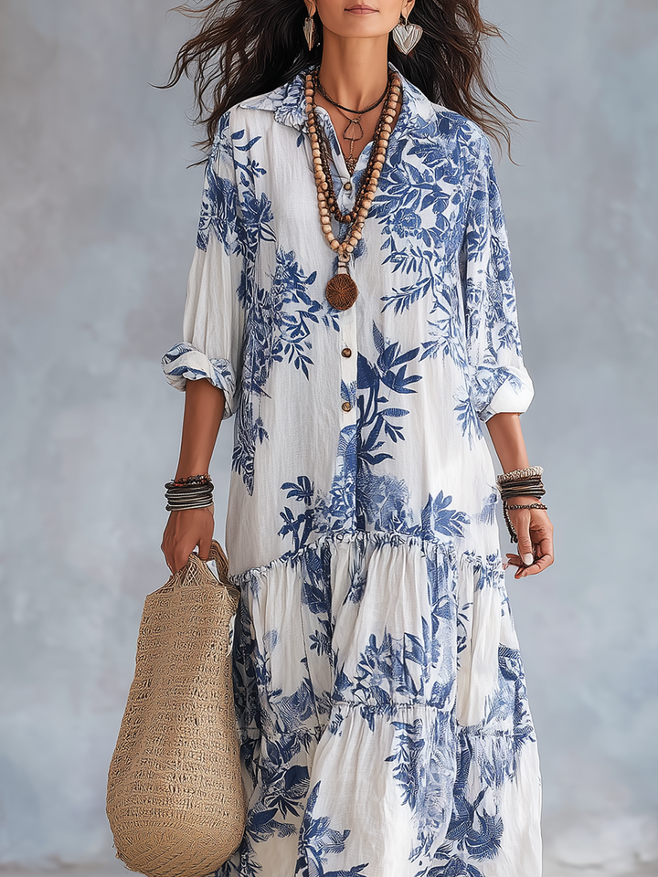 Abito Maxi Button-down Blu Floreale Bohemien