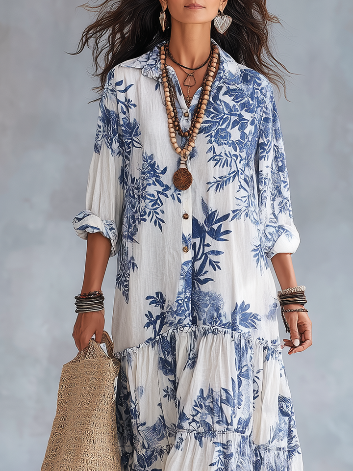 Liliana | Vestito lungo a fiori blu con bottoni