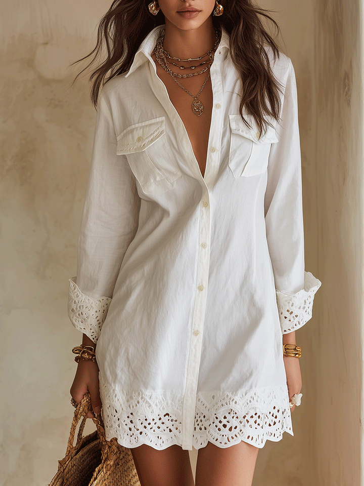 Abito Mini Bianco con Orlo a Occhiello Bohemien