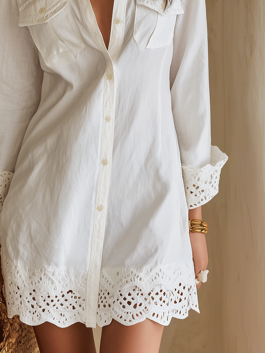 Abito Mini Bianco con Orlo a Occhiello Bohemien
