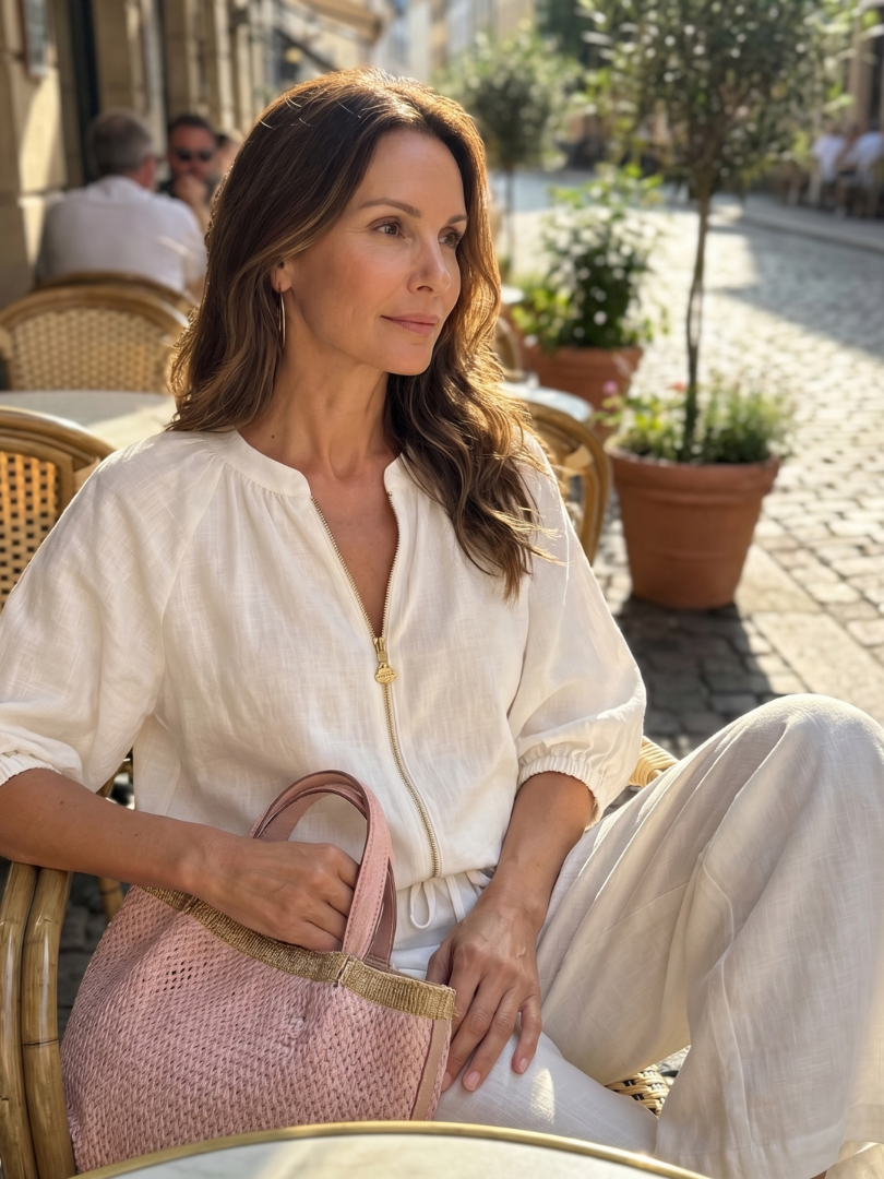 Natalia | Top Blouson con Zip e Pantaloni a Gamba Larga