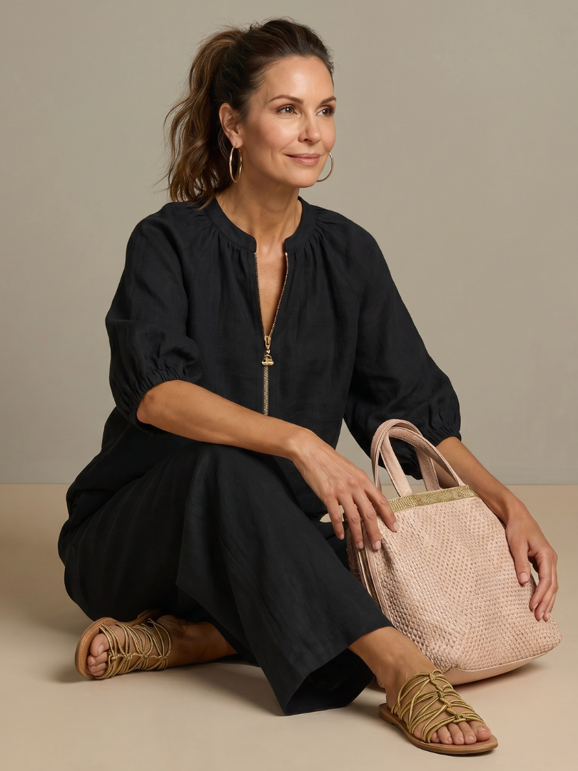 Natalia | Top Blouson con Zip e Pantaloni a Gamba Larga