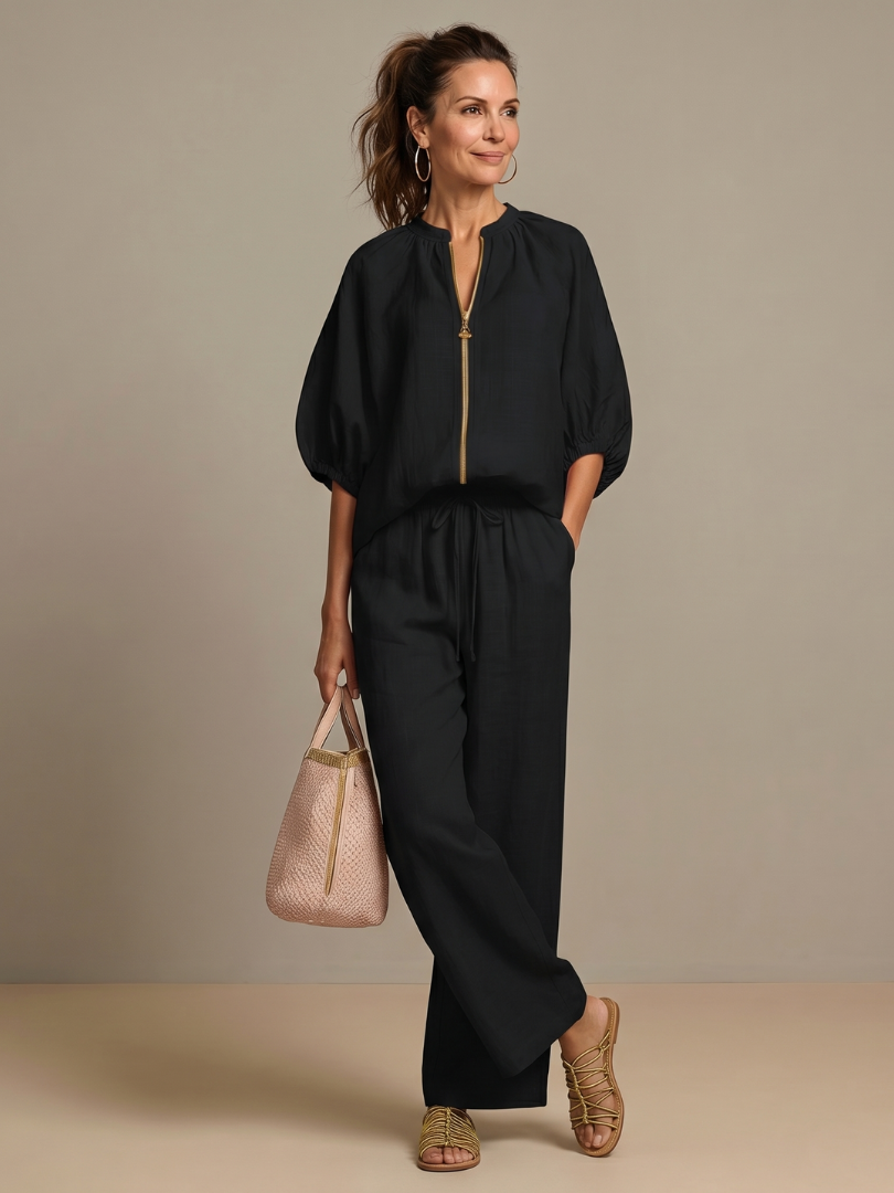 Natalia | Top Blouson con Zip e Pantaloni a Gamba Larga