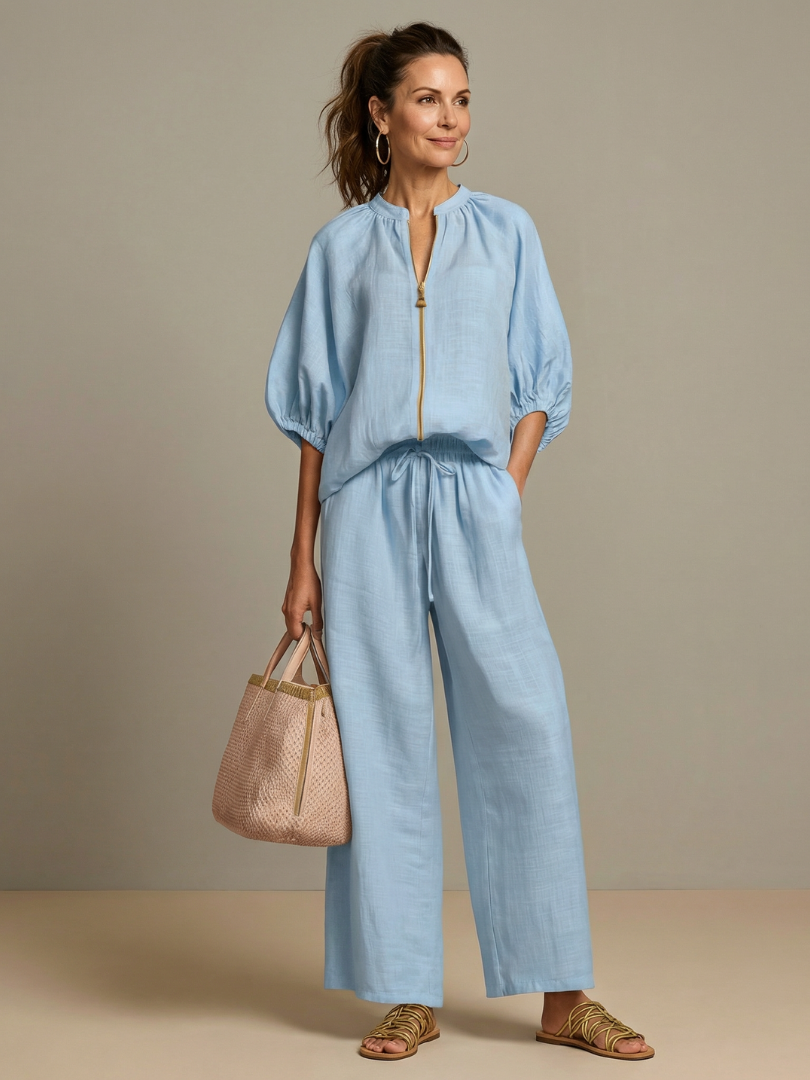 Natalia | Top Blouson con Zip e Pantaloni a Gamba Larga