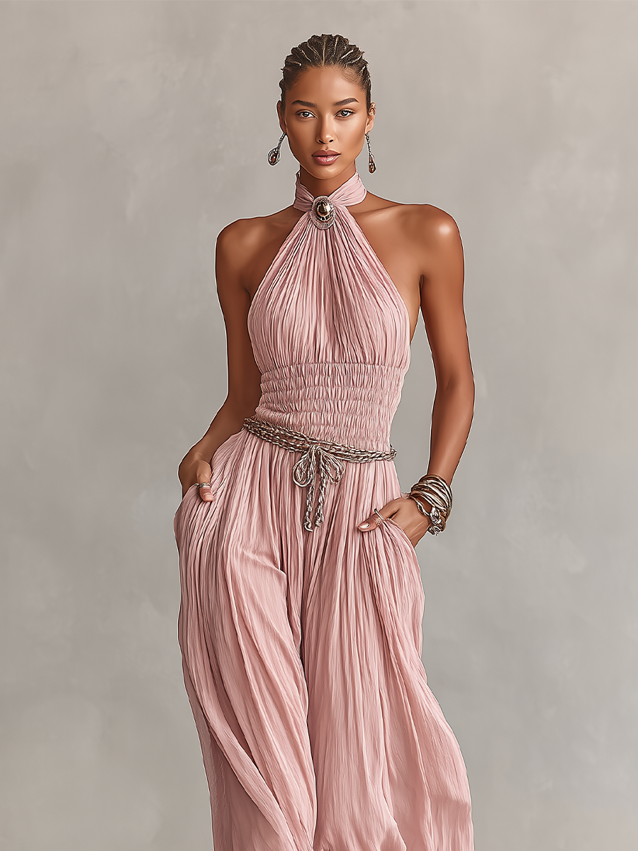 Margaux - Tuta Plissettata Donna in Rosa con Collo Halter & Vita Arricciata
