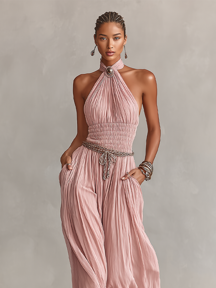 Margaux - Tuta Plissettata Donna in Rosa con Collo Halter & Vita Arricciata