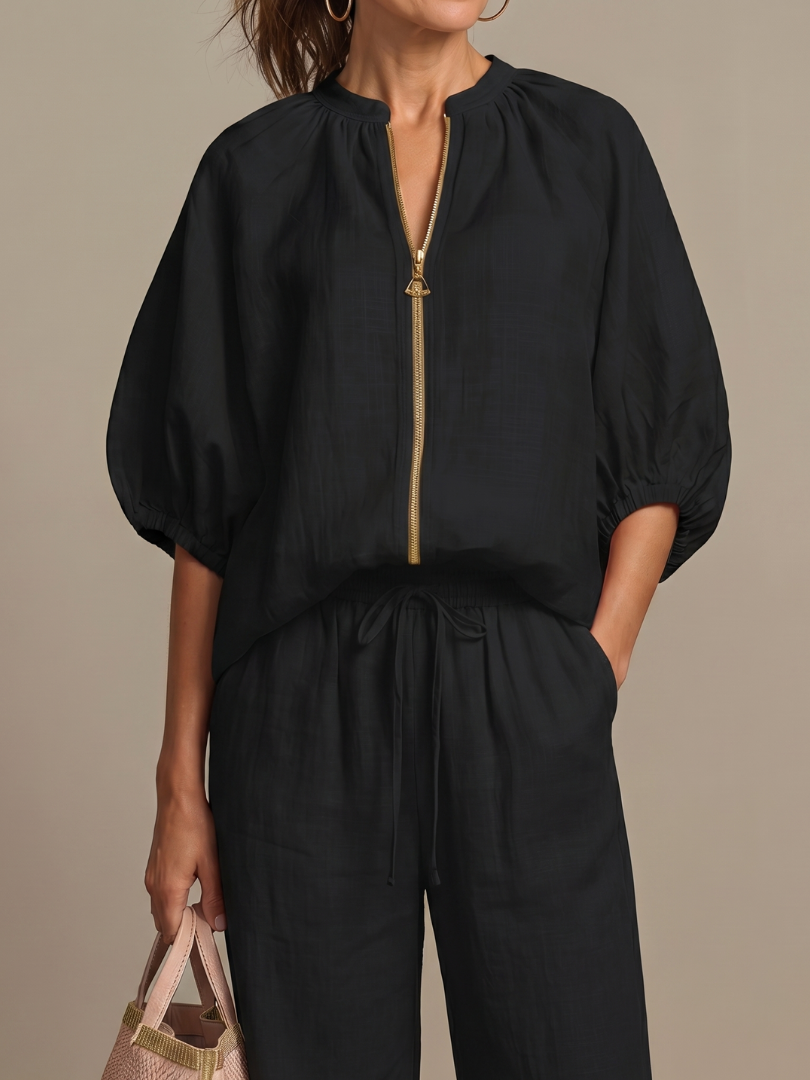 Natalia | Top Blouson con Zip e Pantaloni a Gamba Larga