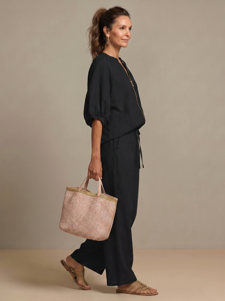 Natalia | Top Blouson con Zip e Pantaloni a Gamba Larga