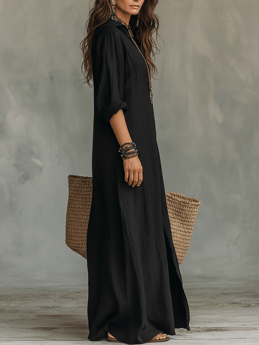 Abito Maxi Bohemien con Bottoni Neri