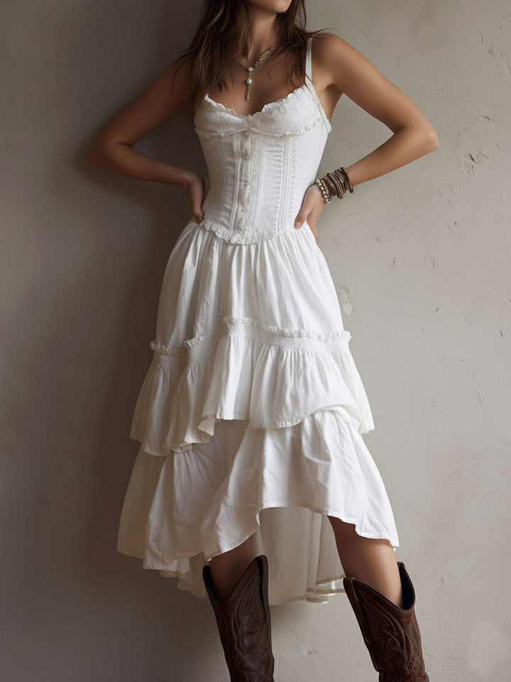 Abito Midi a Balze in Stile Retro Boho con Pizzo