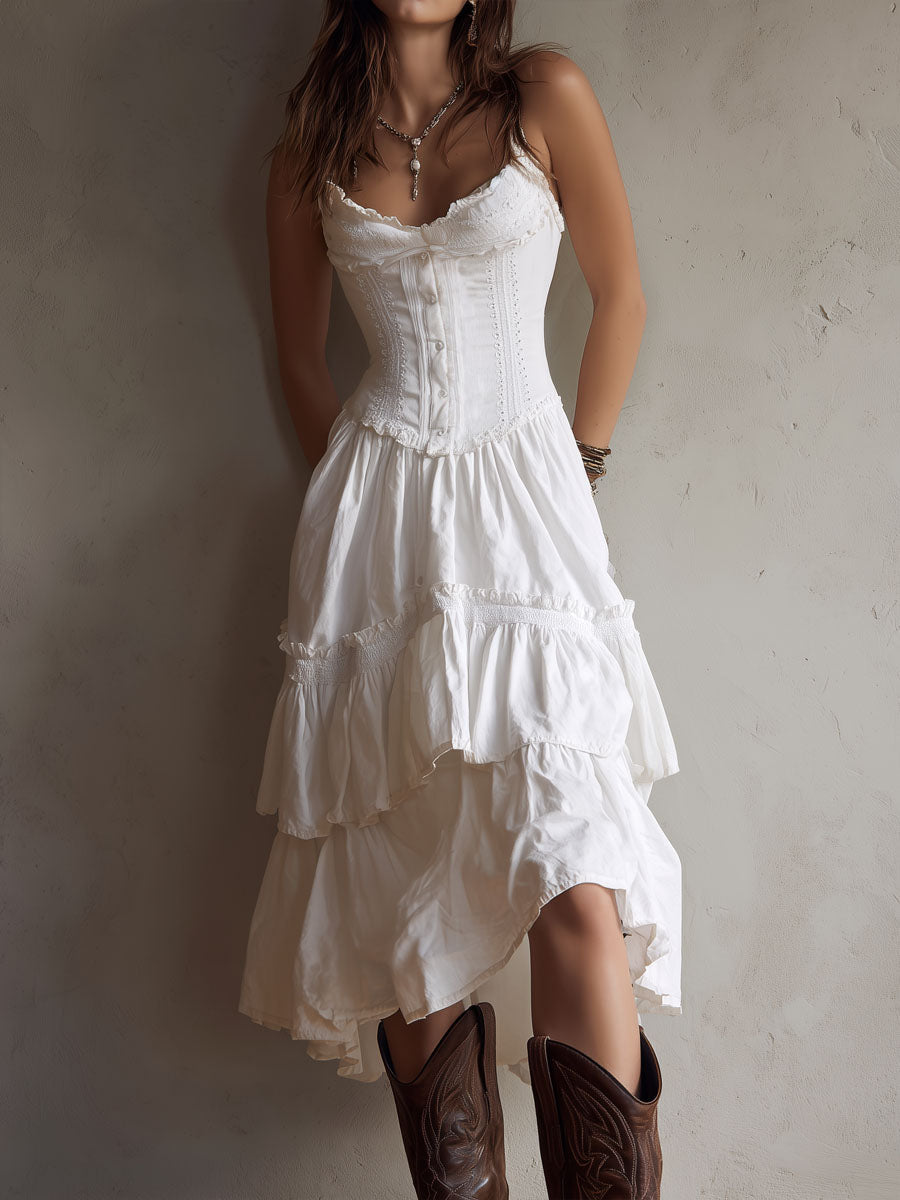 Abito Midi a Balze in Stile Retro Boho con Pizzo