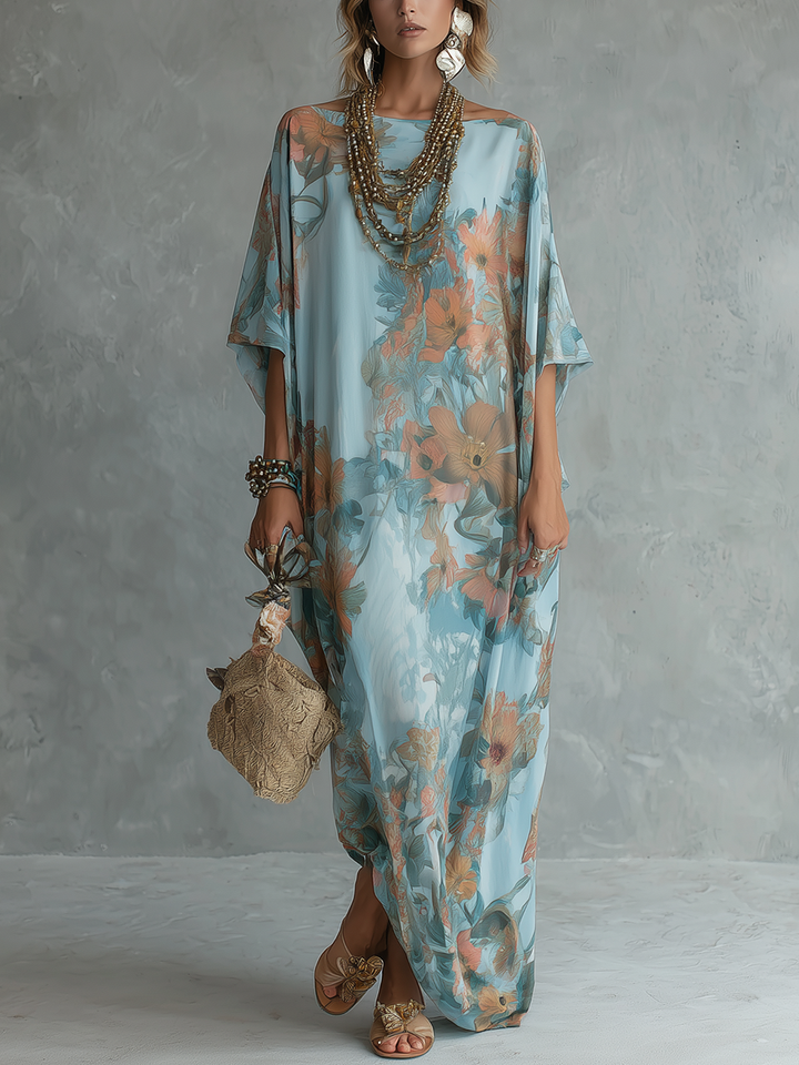 Abito lungo floreale a stampa blu cielo bohemien