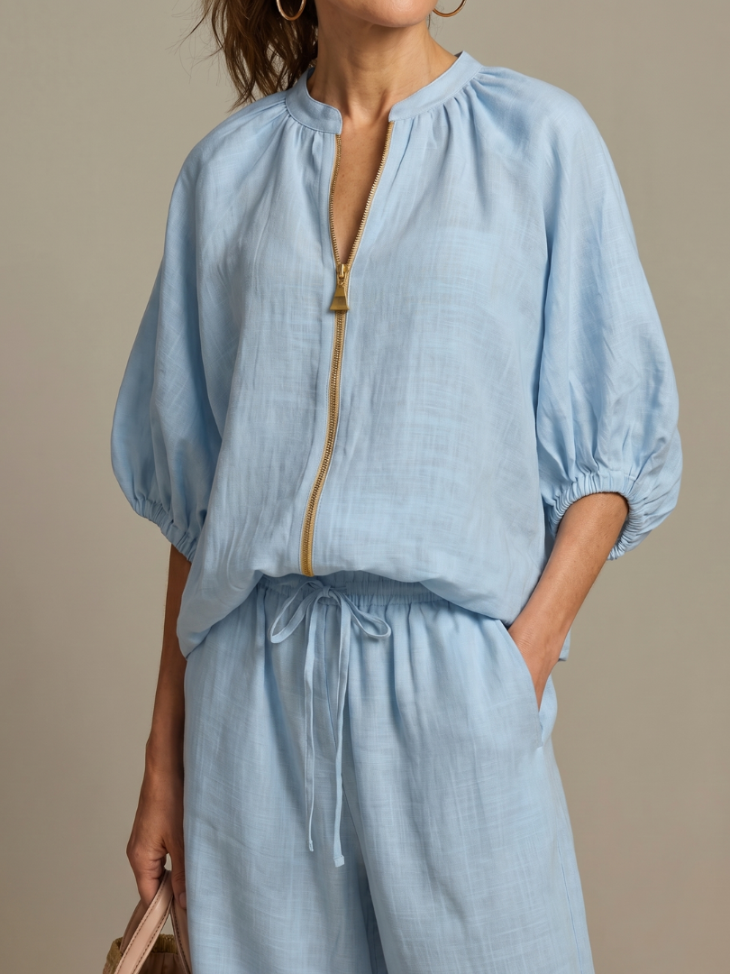 Natalia | Top Blouson con Zip e Pantaloni a Gamba Larga