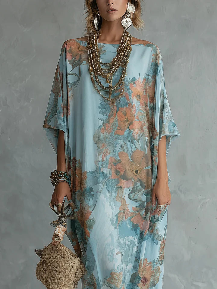 Abito lungo floreale a stampa blu cielo bohemien