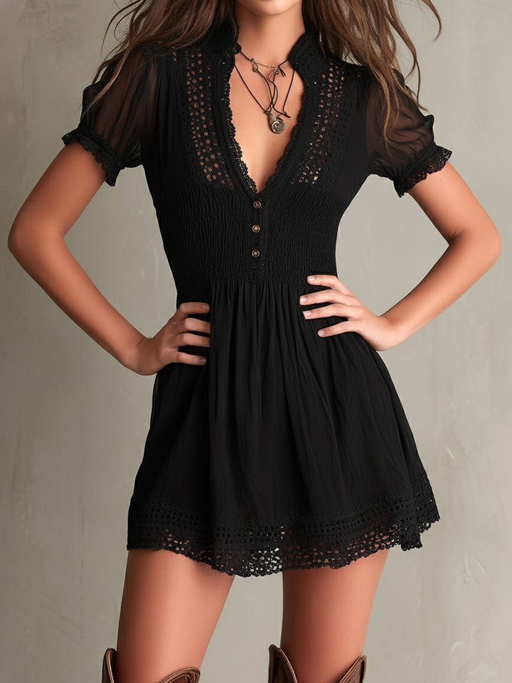 Abito Mini Nero Classico con Pizzo Arricciato