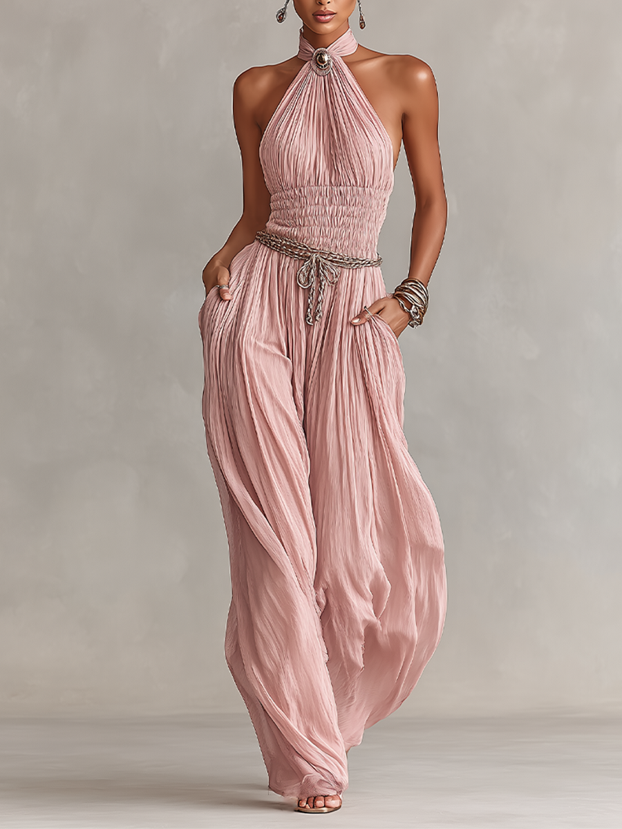 Margaux - Tuta Plissettata Donna in Rosa con Collo Halter & Vita Arricciata