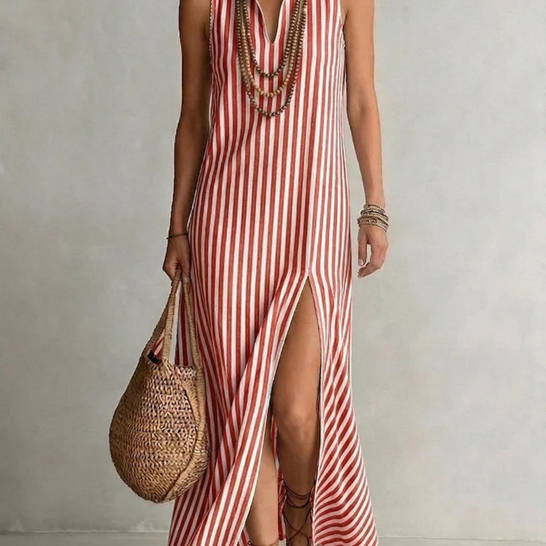 Abito Maxi Senza Maniche a Righe per Donna, Collo Alto a V con Fessura Anteriore, Abbigliamento da Spiaggia Casual