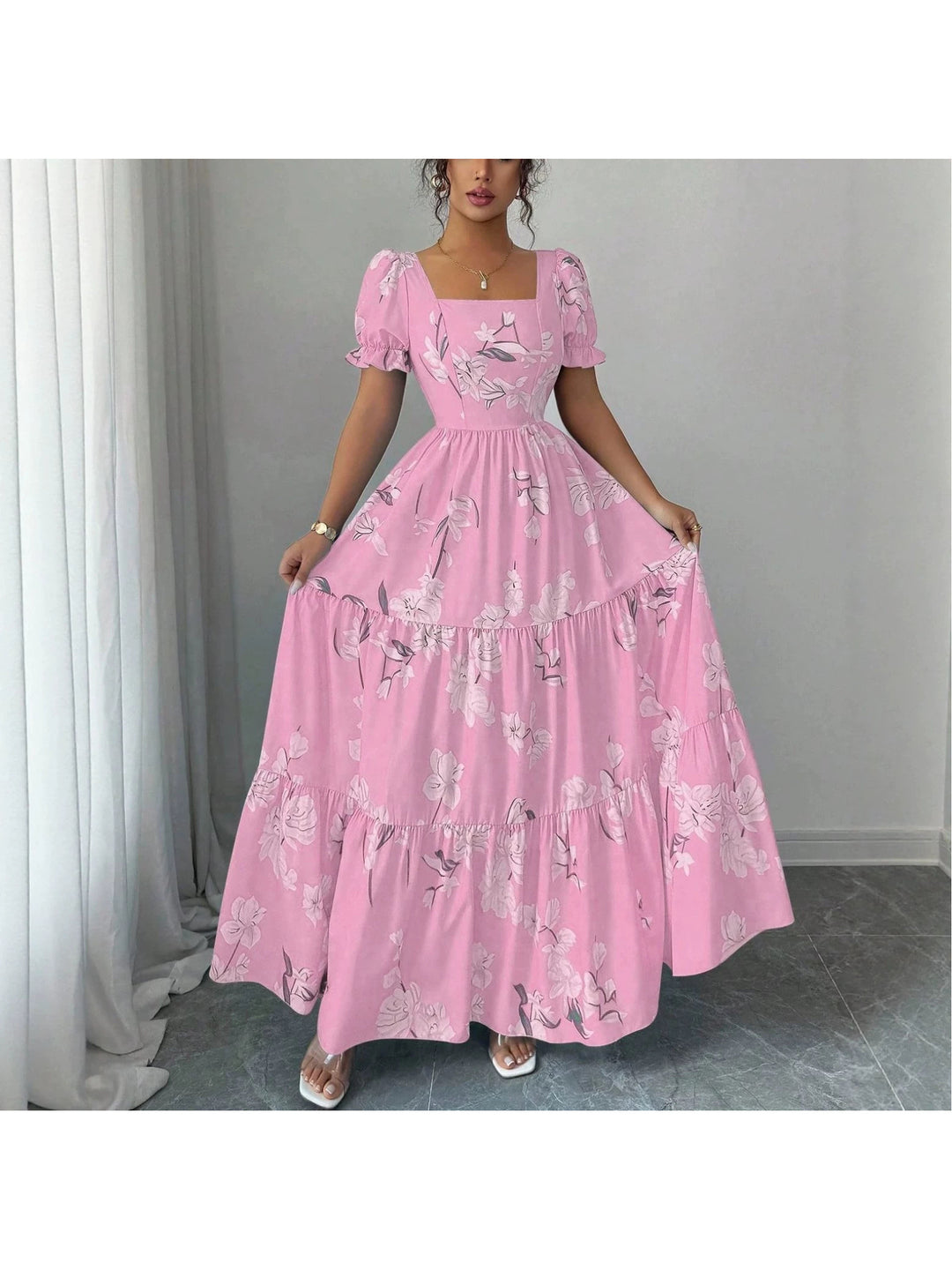 2026 New Arrival Fashionable Elegant Square- Neck Floral Print Dress