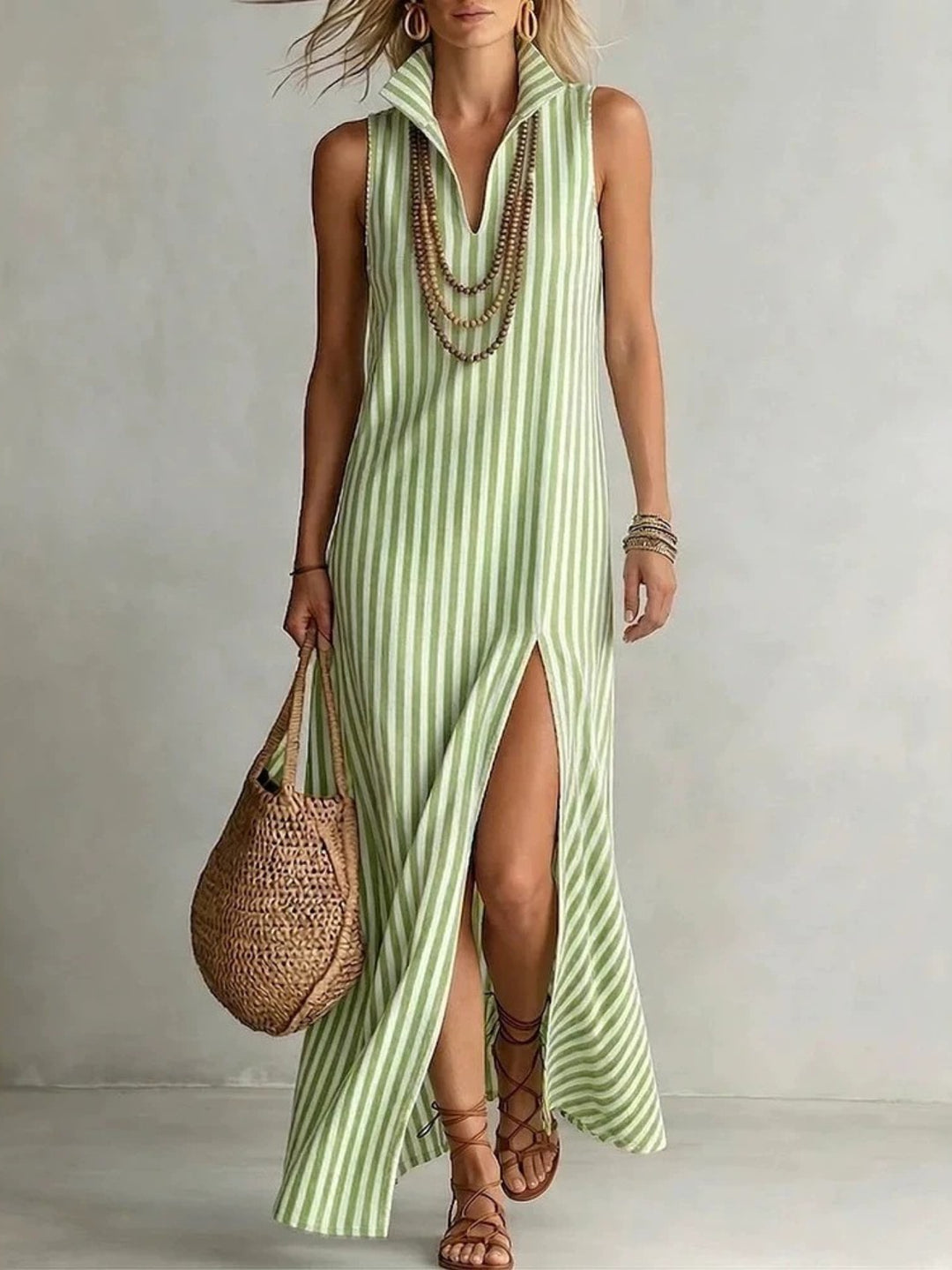 Abito Maxi Senza Maniche a Righe per Donna, Collo Alto a V con Fessura Anteriore, Abbigliamento da Spiaggia Casual