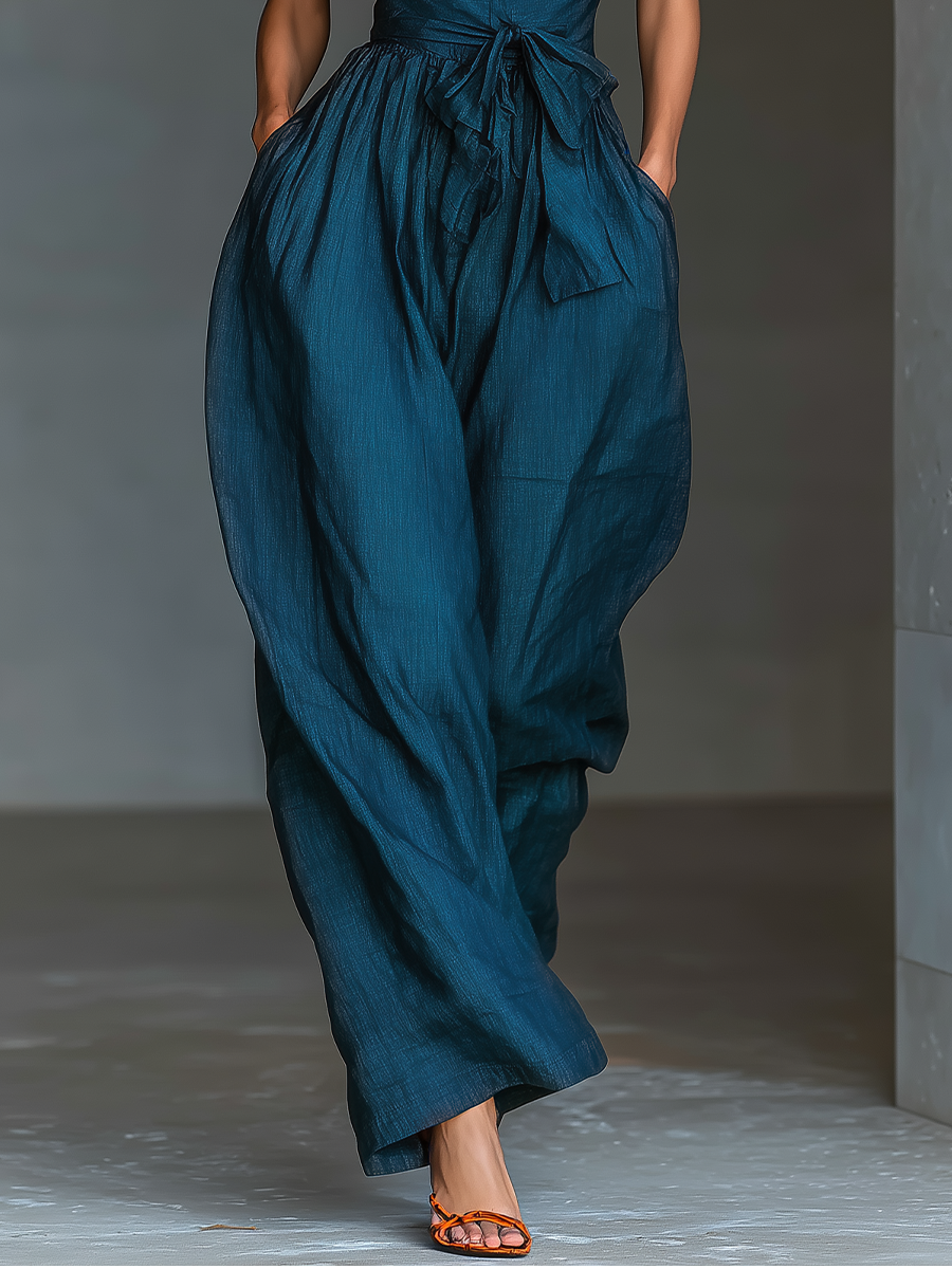 Solène - Salopette Incrociata con Spalline in Lino Blu Marino