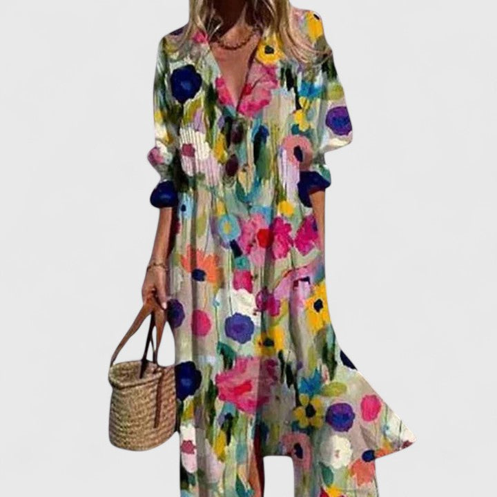Vanessa | Vestito chemisier lungo stampato con maniche a tre quarti