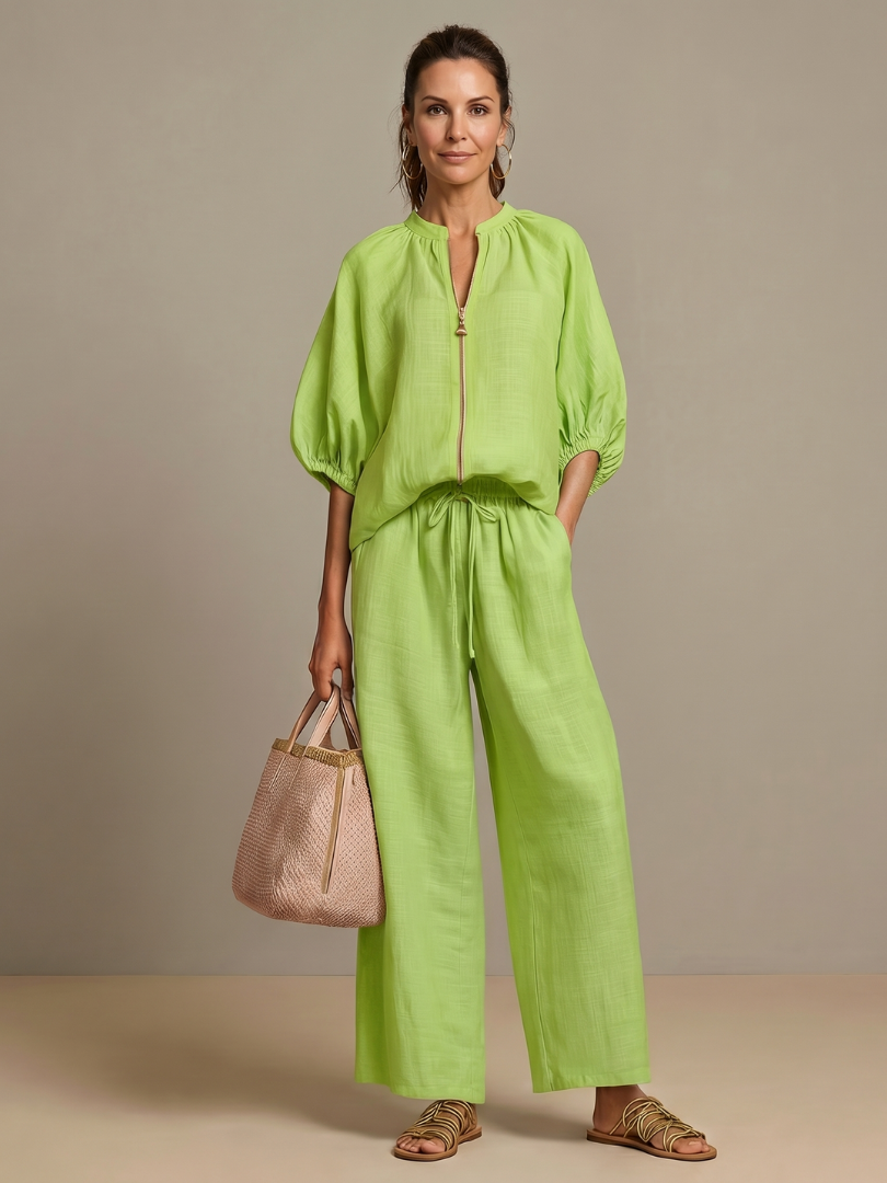 Natalia | Top Blouson con Zip e Pantaloni a Gamba Larga