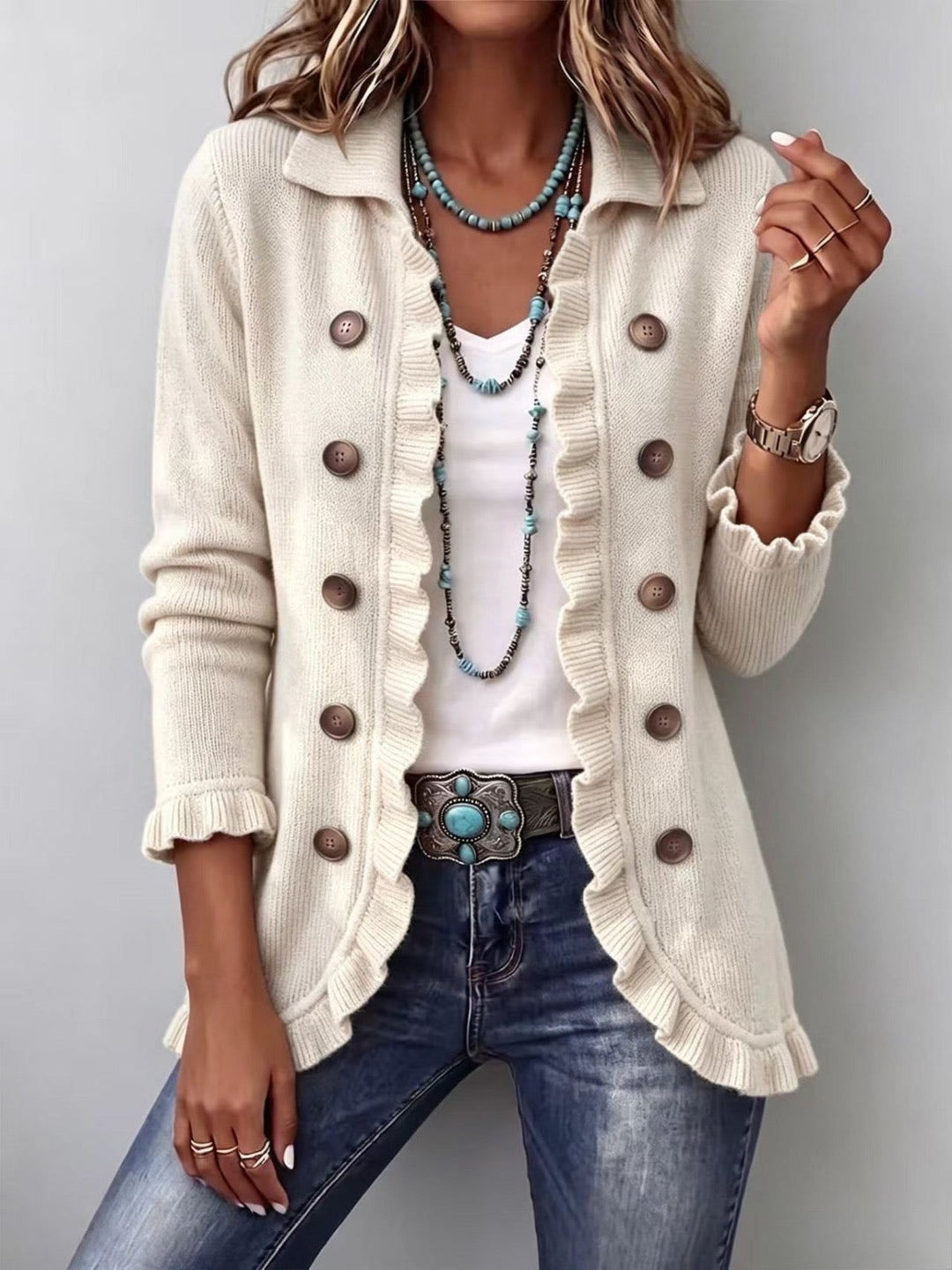 Adeline | Giacca in Maglia Ribbata Color Avorio con Rouches