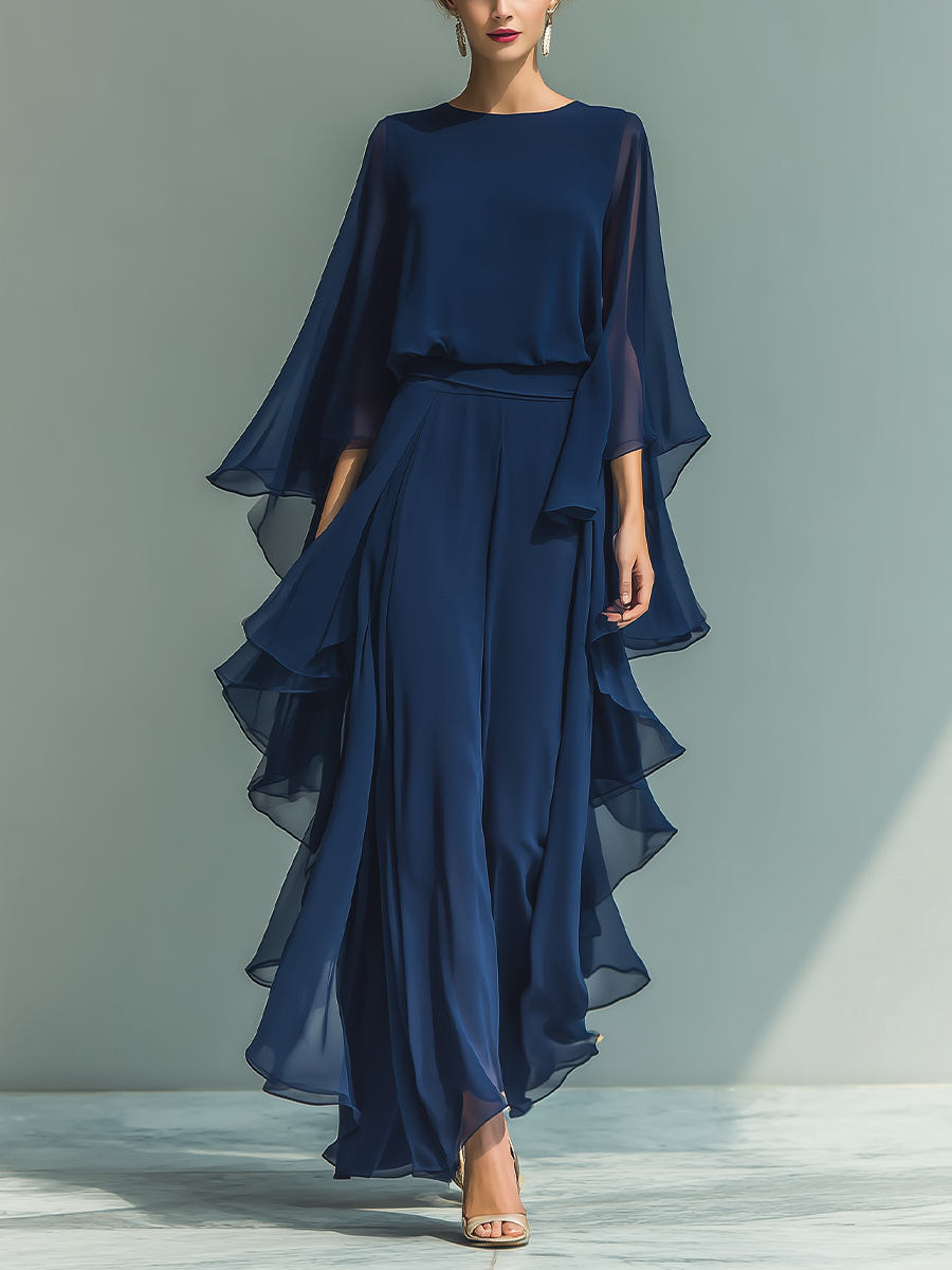 Set di Top in Chiffon Blu Navy con Maniche Svasate e Pantaloni a Gamba Dritta con Dettagli Ruchés