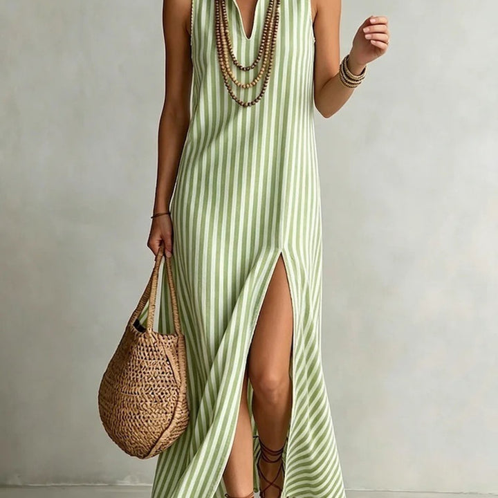 Abito Maxi Senza Maniche a Righe per Donna, Collo Alto a V con Fessura Anteriore, Abbigliamento da Spiaggia Casual