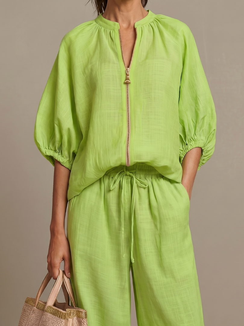 Natalia | Top Blouson con Zip e Pantaloni a Gamba Larga