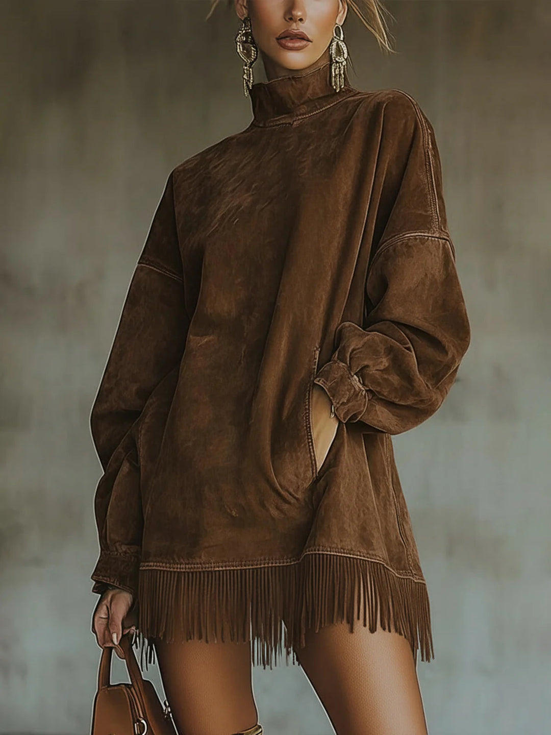 Gabriela | Vestito in Suede con Collo Alto e Frange