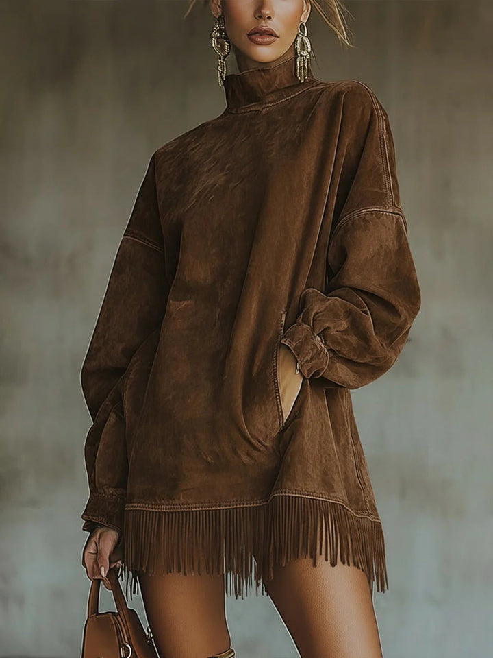 Gabriela | Vestito in Suede con Collo Alto e Frange