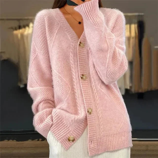 Aaliyah | Cardigan con Bottoni e Scollatura a V con Dettagli a Maglia a Diamante, Strato Quotidiano