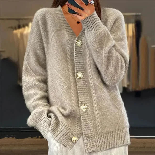 Aaliyah | Cardigan con Bottoni e Scollatura a V con Dettagli a Maglia a Diamante, Strato Quotidiano