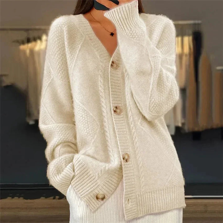 Aaliyah | Cardigan con Bottoni e Scollatura a V con Dettagli a Maglia a Diamante, Strato Quotidiano