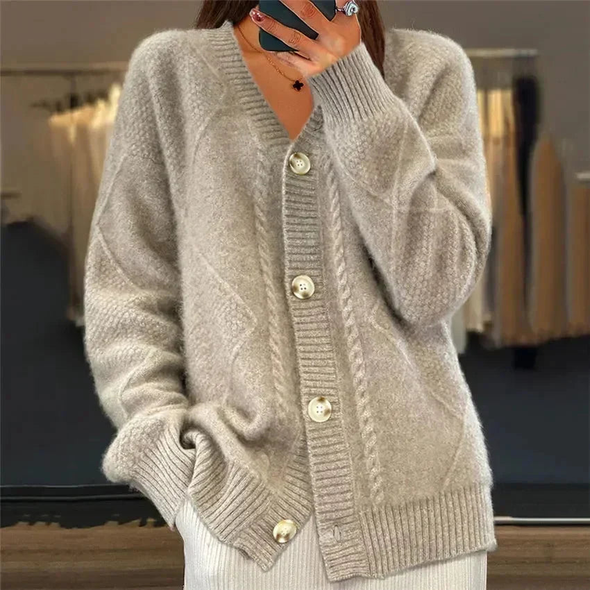 Aaliyah | Cardigan con Bottoni e Scollatura a V con Dettagli a Maglia a Diamante, Strato Quotidiano