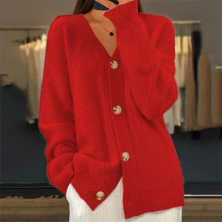 Aaliyah | Cardigan con Bottoni e Scollatura a V con Dettagli a Maglia a Diamante, Strato Quotidiano
