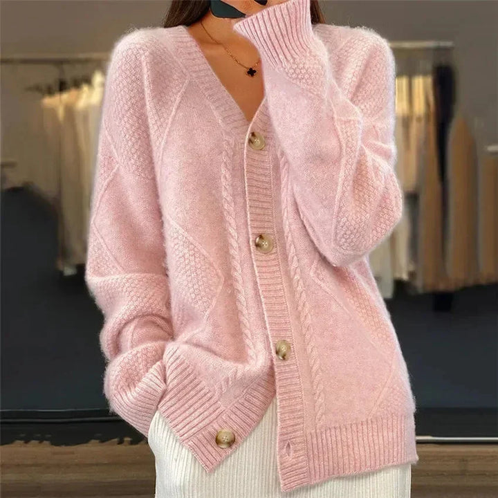 Aaliyah | Cardigan con Bottoni e Scollatura a V con Dettagli a Maglia a Diamante, Strato Quotidiano