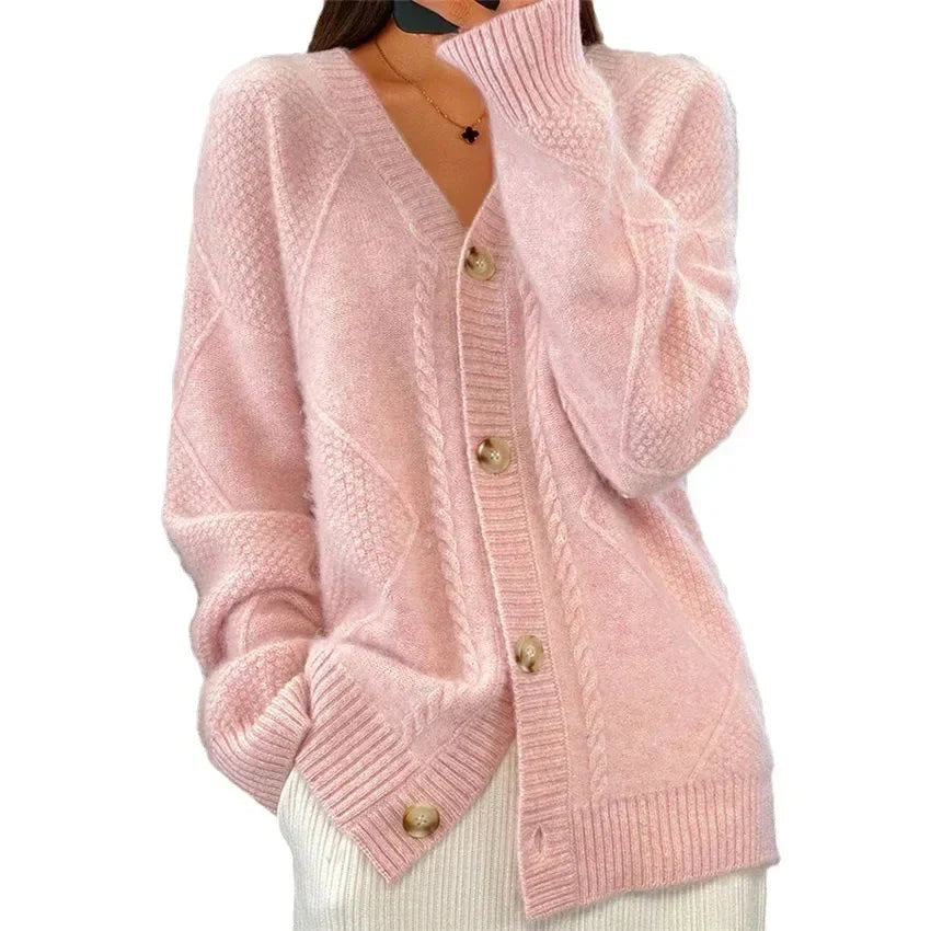 Aaliyah | Cardigan con Bottoni e Scollatura a V con Dettagli a Maglia a Diamante, Strato Quotidiano
