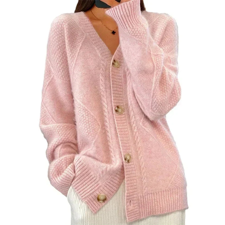 Aaliyah | Cardigan con Bottoni e Scollatura a V con Dettagli a Maglia a Diamante, Strato Quotidiano