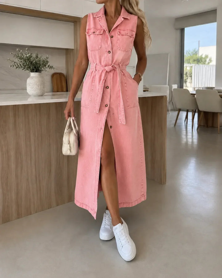 Anita | Vestito midi effetto denim senza maniche con cintura