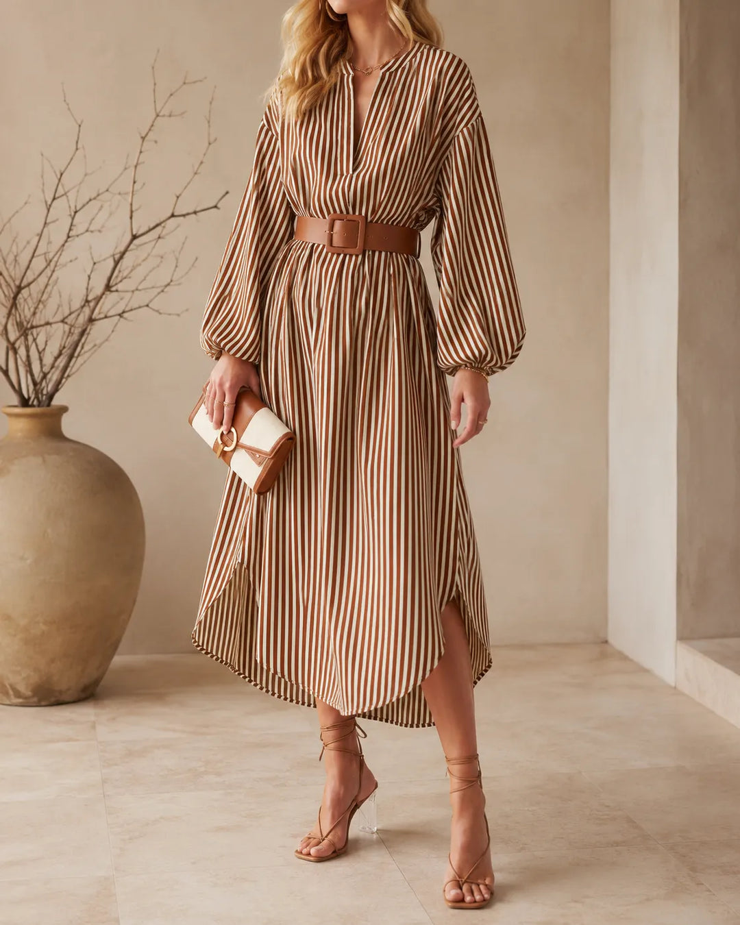Selene | Vestito chemisier midi a righe con cintura
