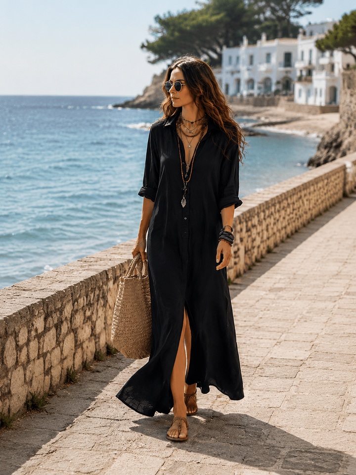 Abito Maxi Bohemien con Bottoni Neri