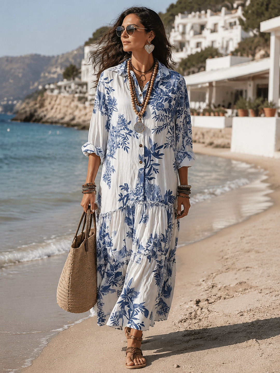 Abito Maxi Button-down Blu Floreale Bohemien