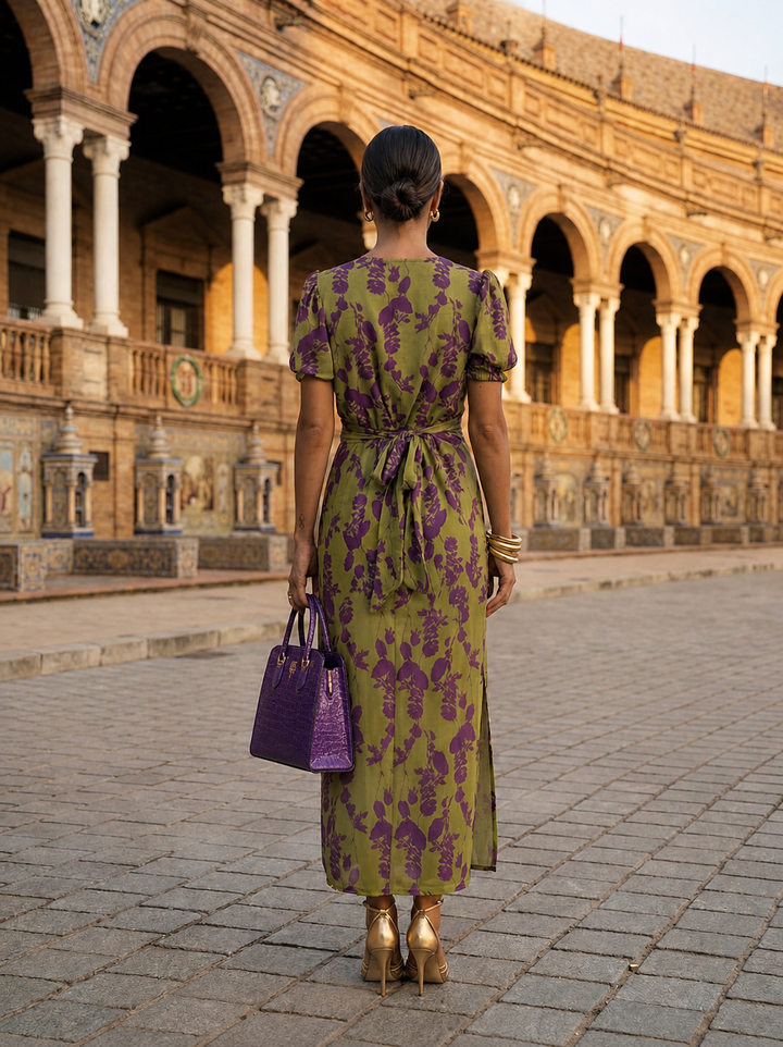 Abito Maxi Floreale con Drappeggio Fluido