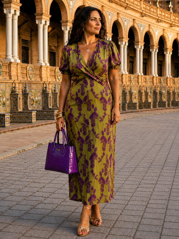Abito Maxi Floreale con Drappeggio Fluido