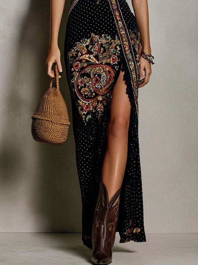 Abito Stampato in Stile Bohemien con Profondo Scollo a V e Alto Spacco