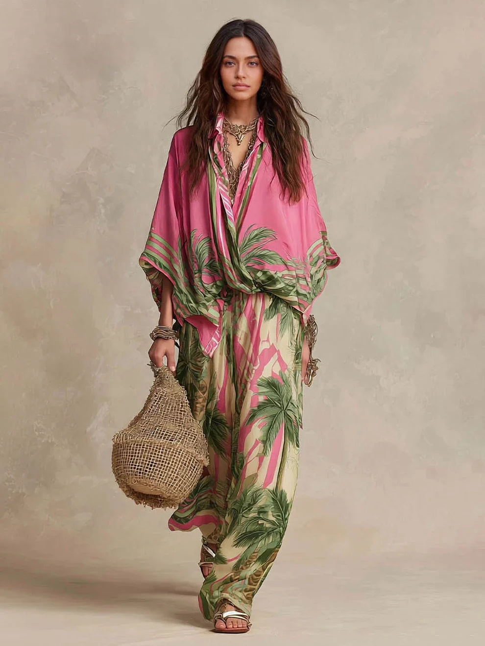 Set Kimono Due Pezzi con Stampa Palma Senza Sforzo
